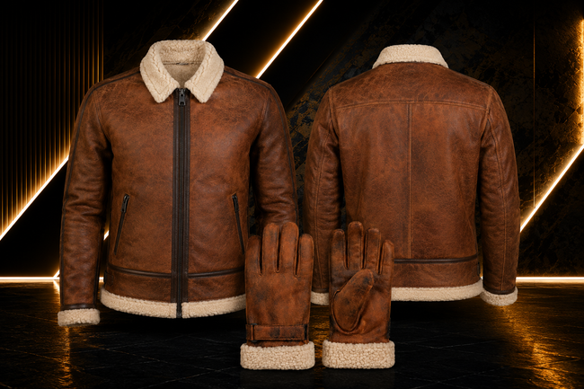 Personalized Men’s Brown B3 Shearling Leather Jacket with Matching Gloves Hover Image