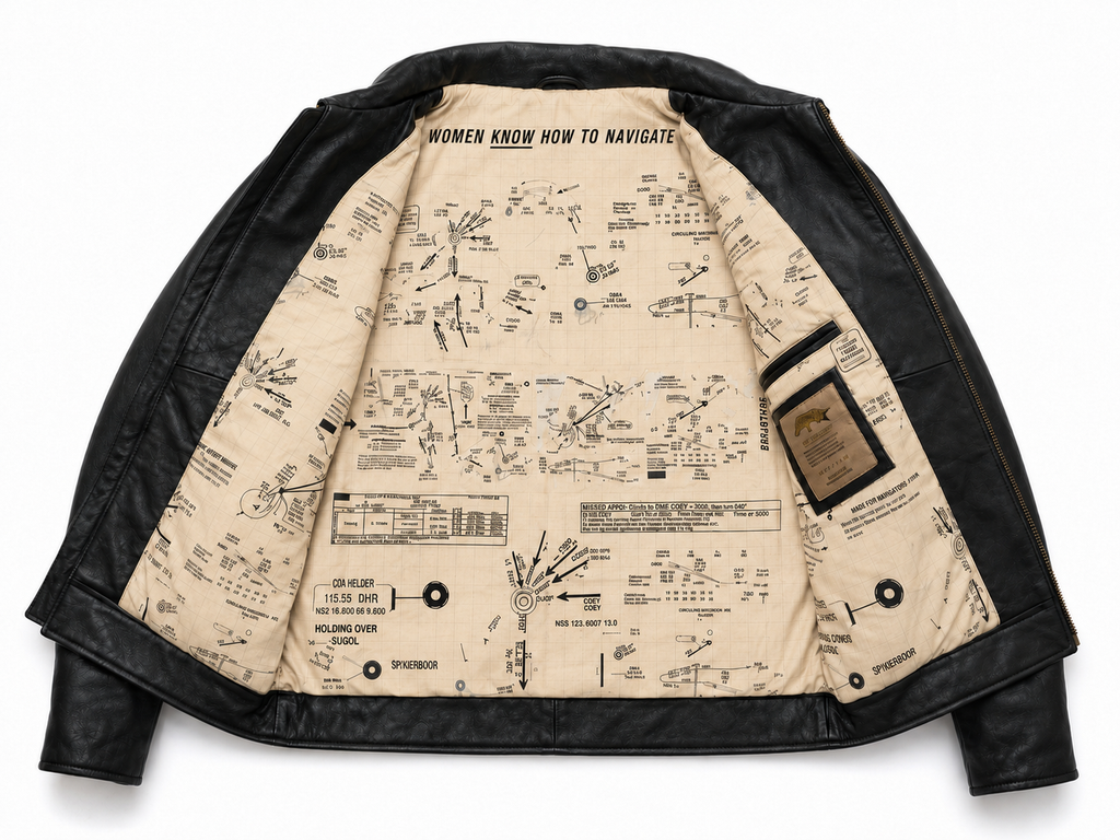 A black leather jacket shown open against a white background, displaying a detailed vintage-style nautical map print on the cream-colored interior lining. The lining features black text and illustrations, including the phrase 'WOMEN KNOW HOW TO NAVIGATE'.
