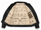A black leather jacket shown open against a white background, displaying a detailed vintage-style nautical map print on the cream-colored interior lining. The lining features black text and illustrations, including the phrase 'WOMEN KNOW HOW TO NAVIGATE'.